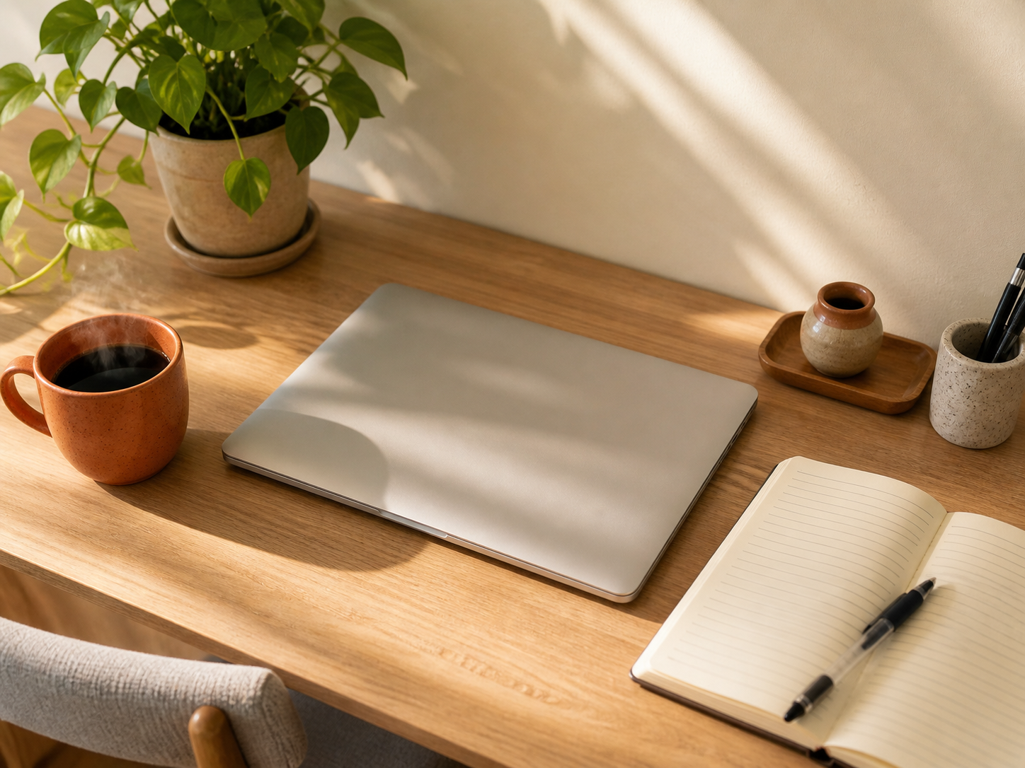 Mesa de escritório com laptop, caderno e xícara