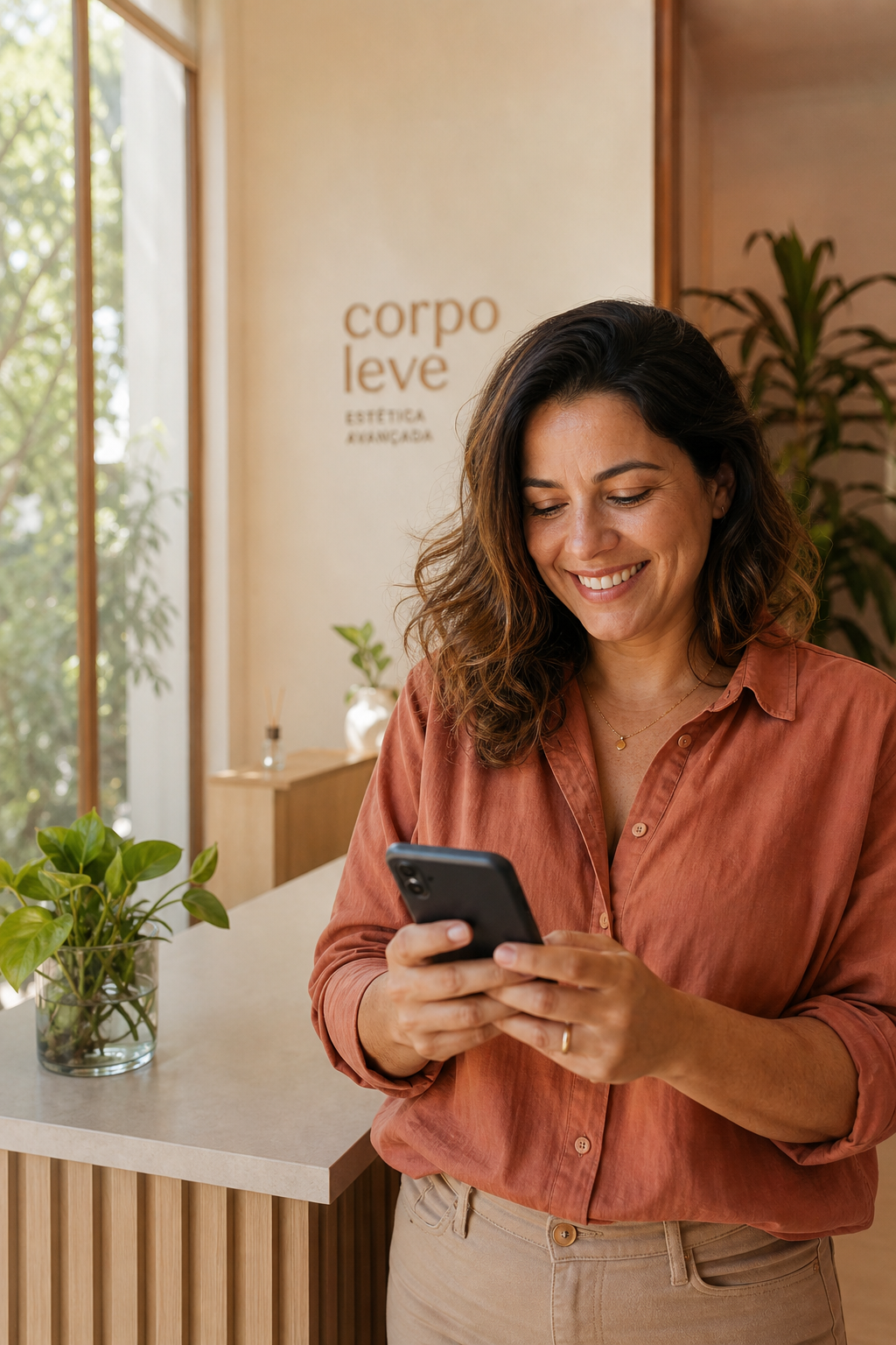 Esteticista na recepção da clínica conferindo o app