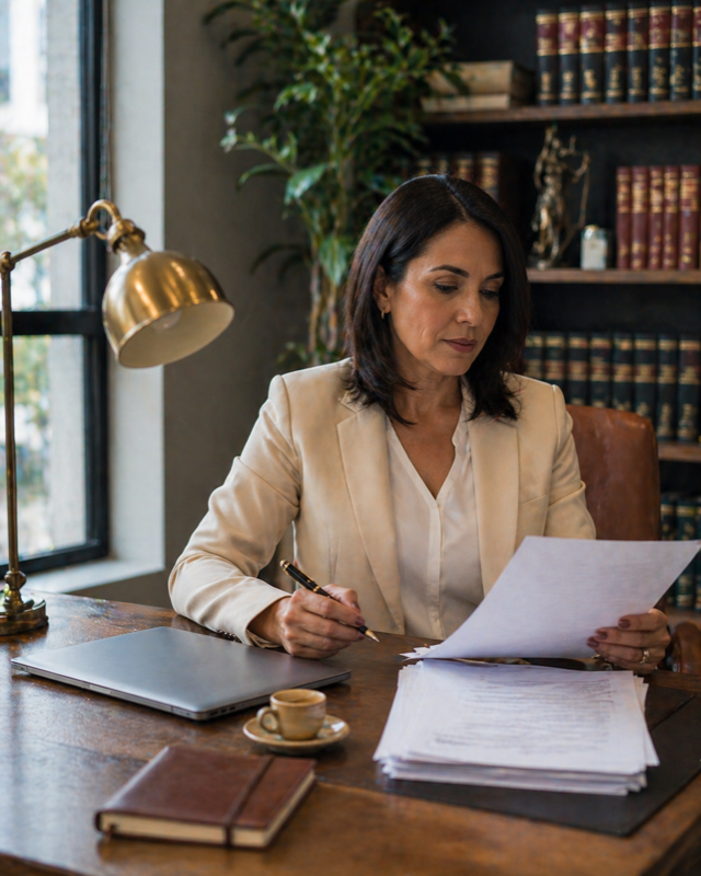 Advogada revisando documentos em escritório