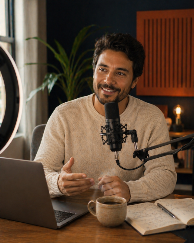 Professor gravando curso online em estúdio