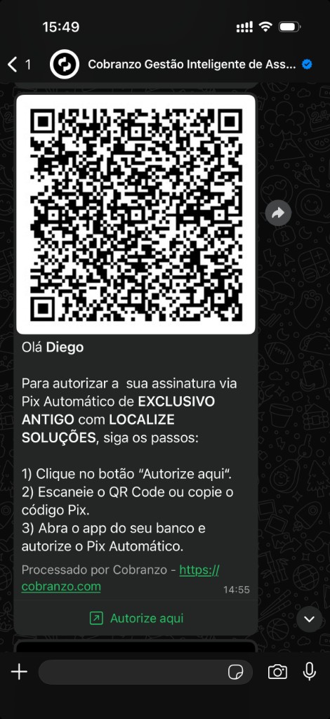 Exemplo real de mensagem de autorização de Pix Automático no WhatsApp